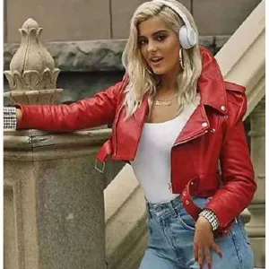 Bebe Rexha The Way I Are Red Cropped Leather Jacket | Women Celebrity Leather Jacket