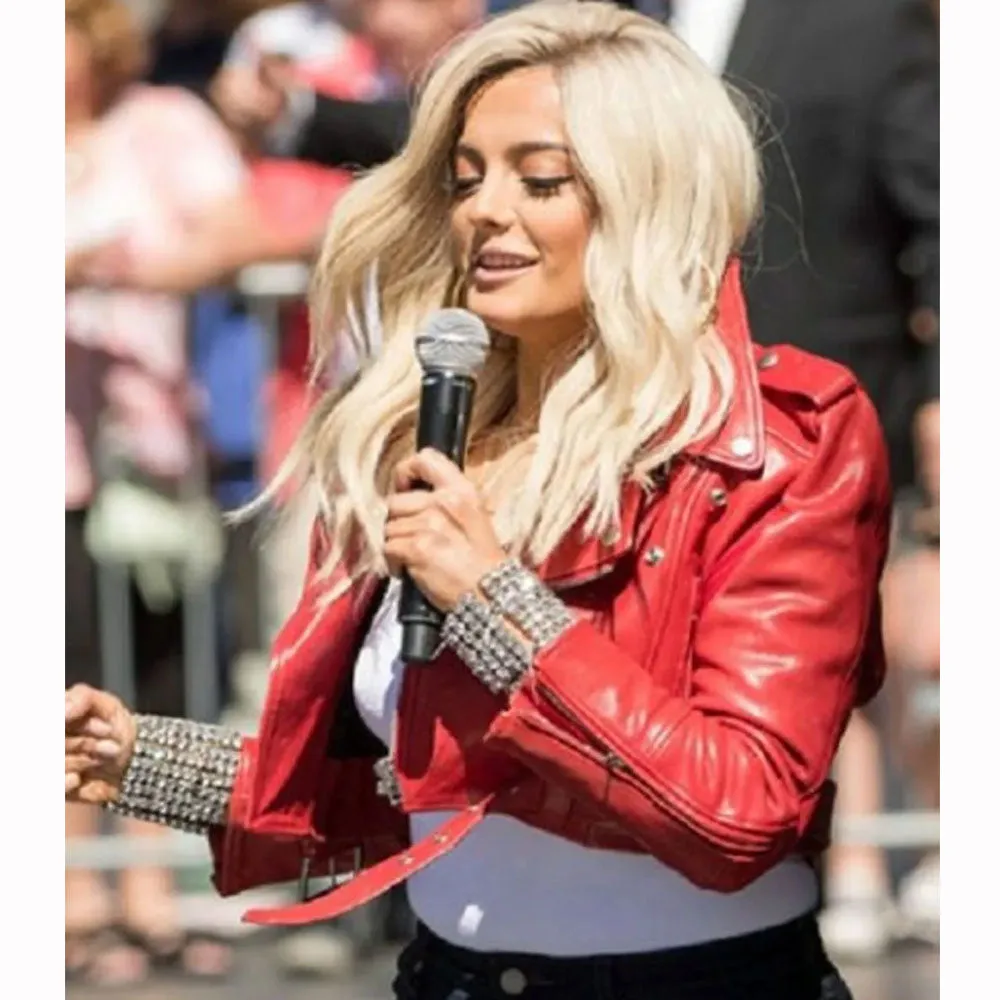 Bebe Rexha The Way I Are Red Cropped Leather Jacket | Women Celebrity Leather Jacket