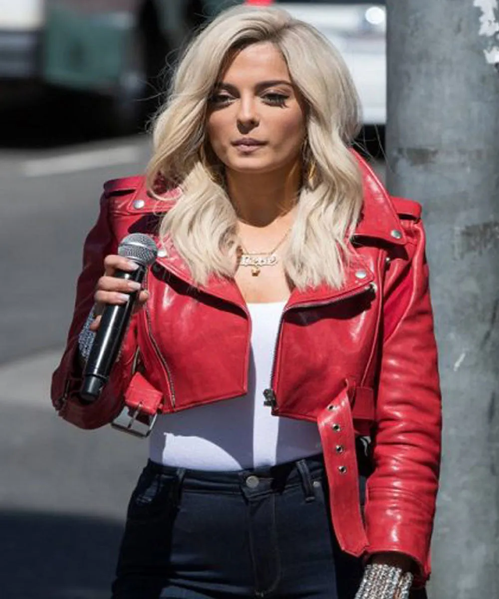 Bebe Rexha The Way I Are Red Cropped Leather Jacket | Women Celebrity Leather Jacket