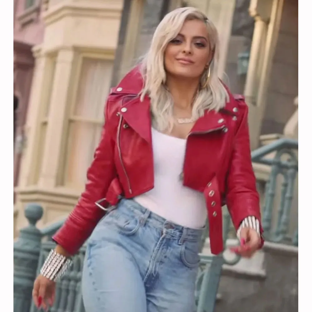 Bebe Rexha The Way I Are Red Cropped Leather Jacket | Women Celebrity Leather Jacket