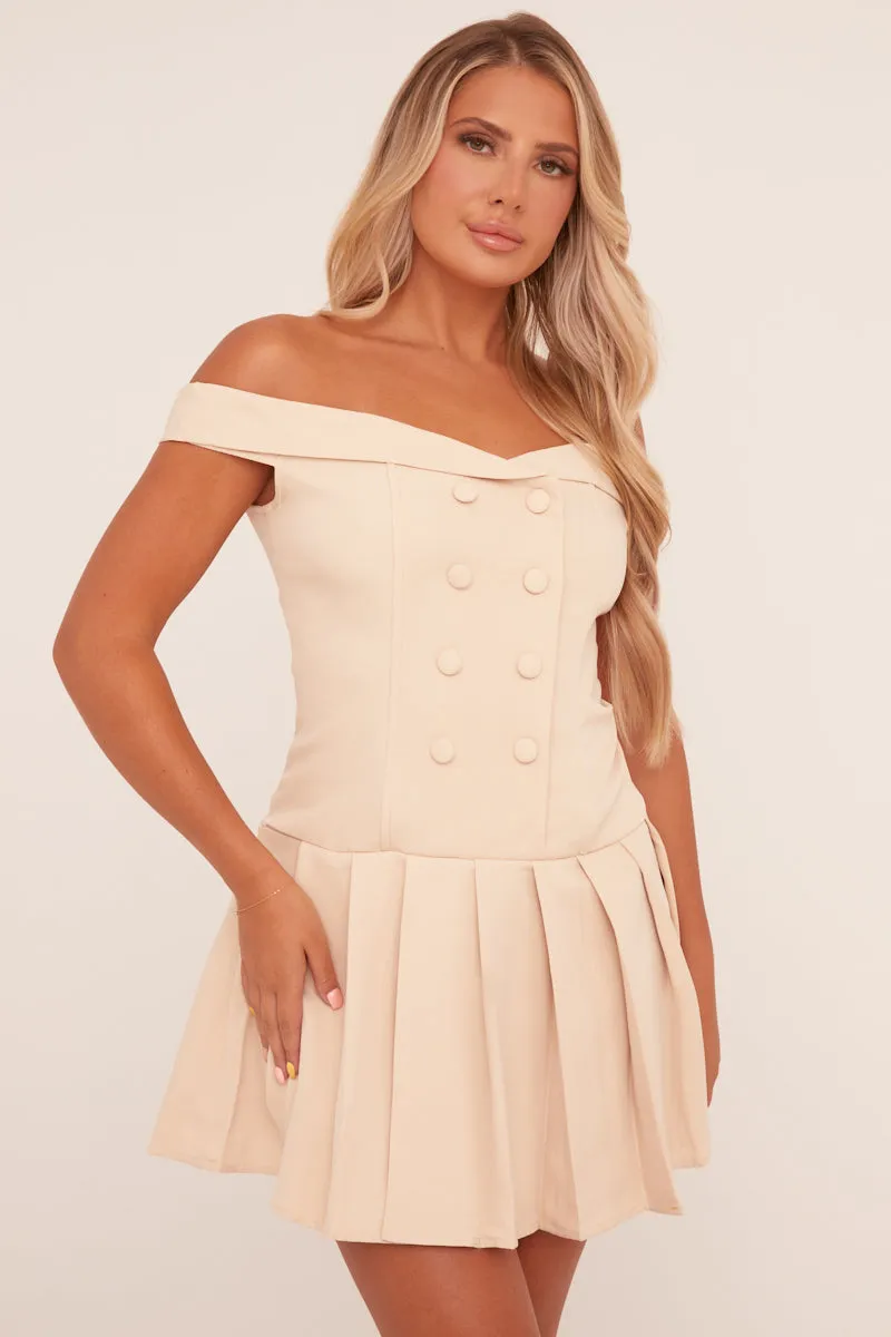 Beige Bardot Pleated Tailored Blazer Dress - Elmina