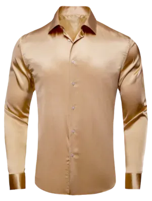 Beige Shiny Men's Button Up Shirt Long Sleeves Slim Fit Satin Material