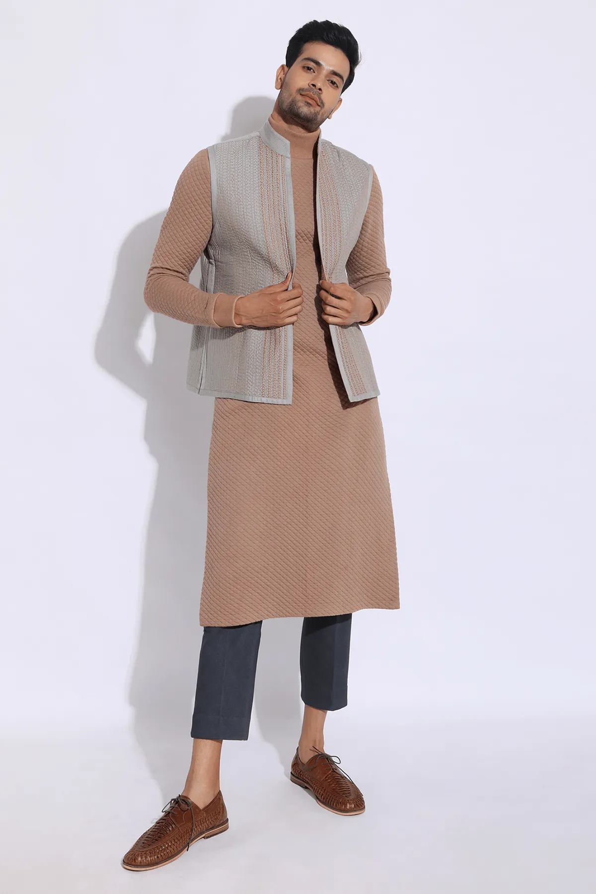 Beige Textured Bandi Jacket with quilted Polo Neck Kurta & Trousers