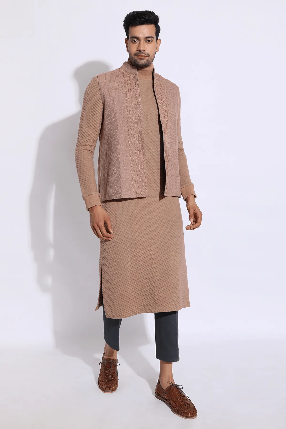 Beige Textured Bandi Jacket with quilted Polo Neck Kurta & Trousers