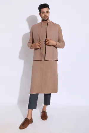 Beige Textured Bandi Jacket with quilted Polo Neck Kurta & Trousers