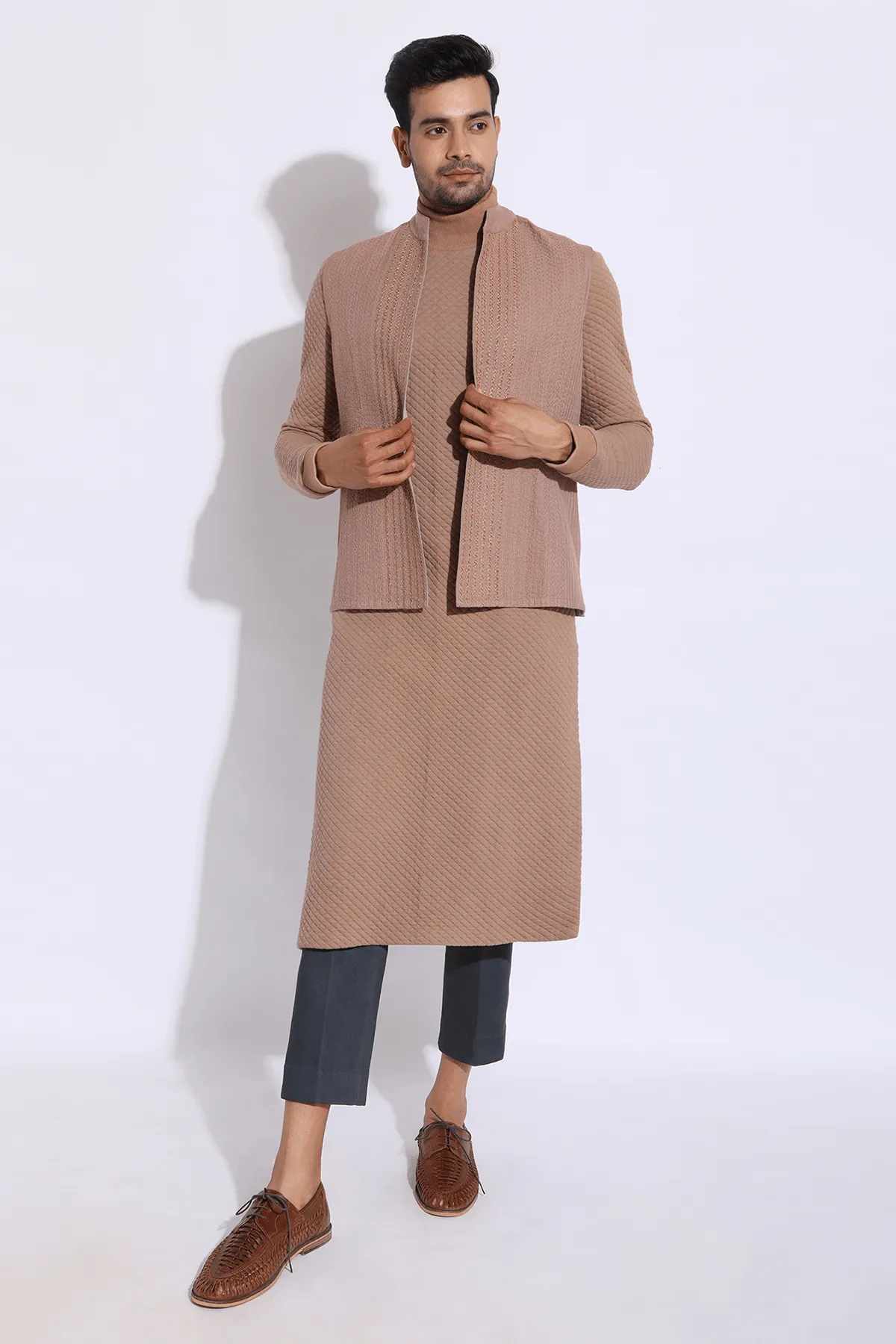 Beige Textured Bandi Jacket with quilted Polo Neck Kurta & Trousers