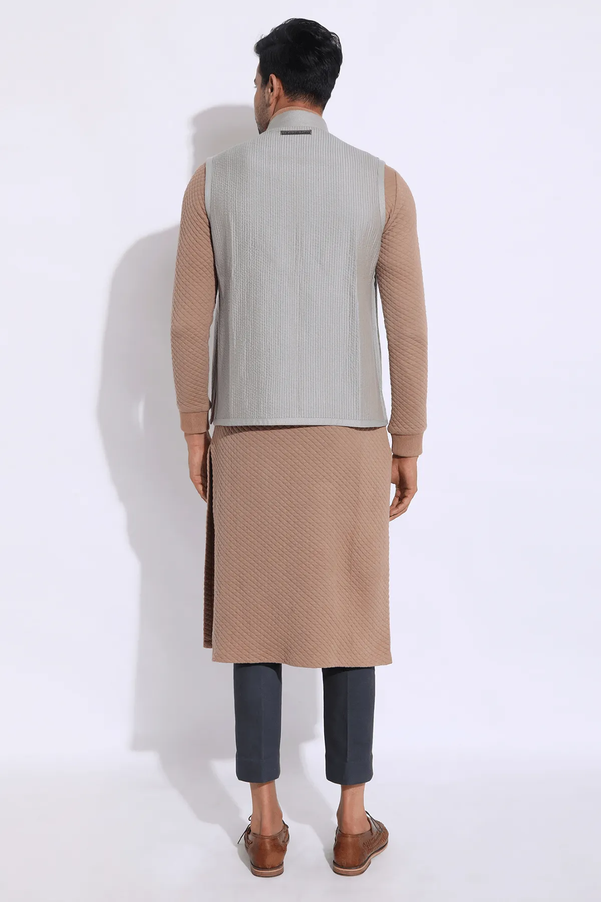 Beige Textured Bandi Jacket with quilted Polo Neck Kurta & Trousers