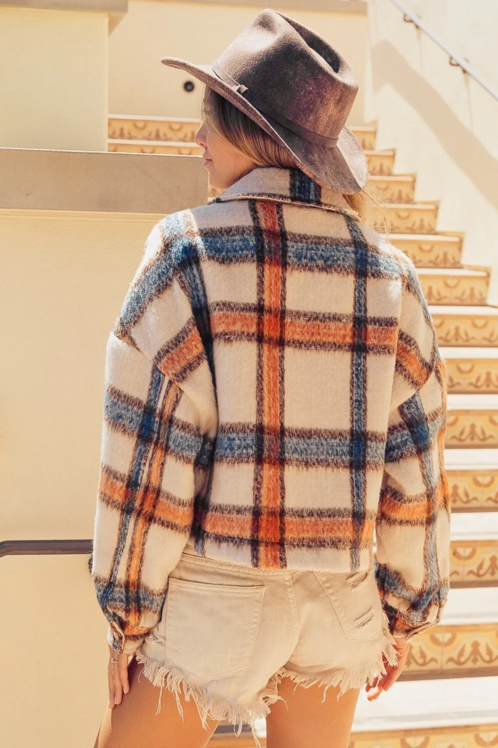 BiBi Brushed Plaid Cropped Jacket