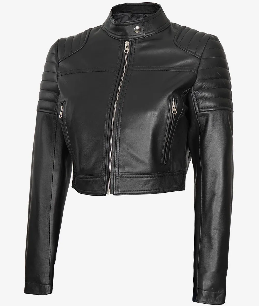 Black Cropped Leather Cafe Racer Jacket for Women