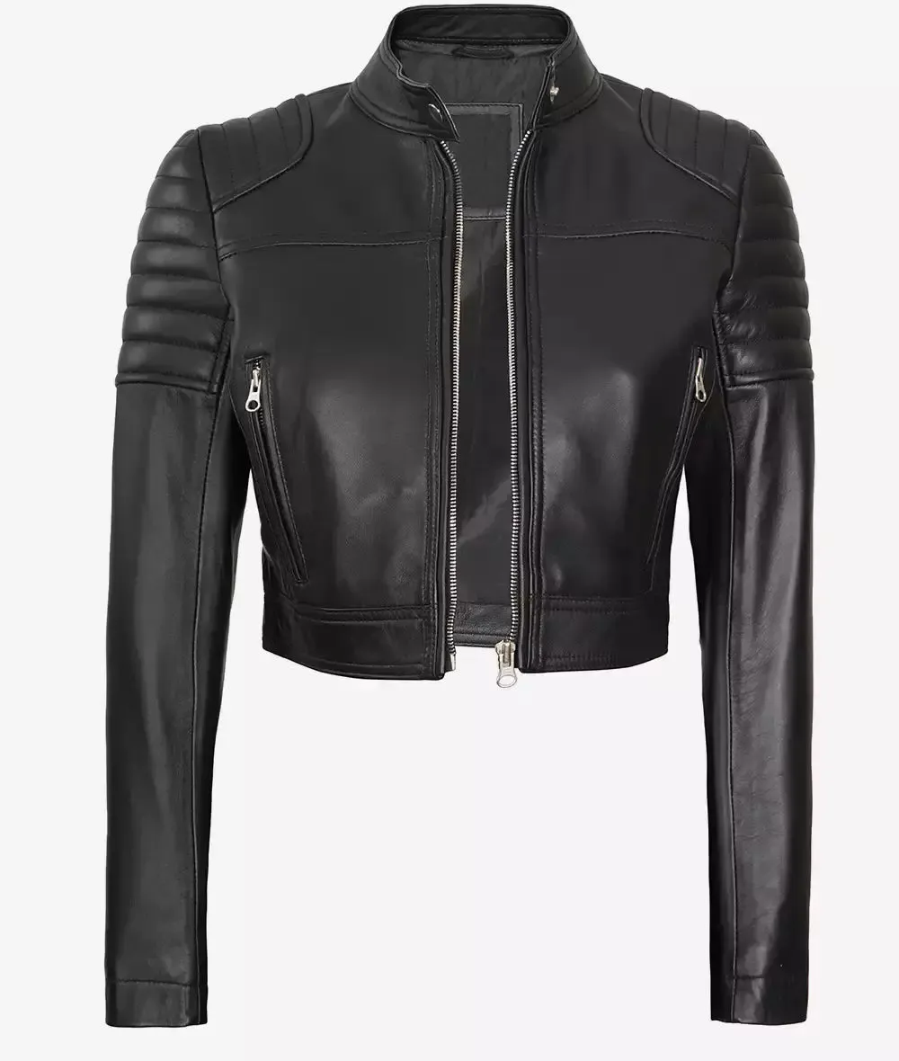 Black Cropped Leather Cafe Racer Jacket for Women