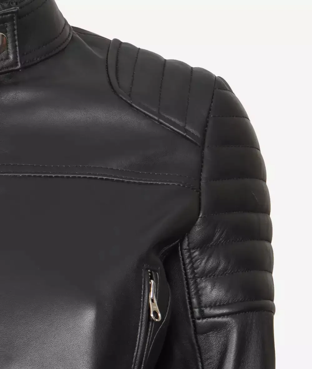 Black Cropped Leather Cafe Racer Jacket for Women