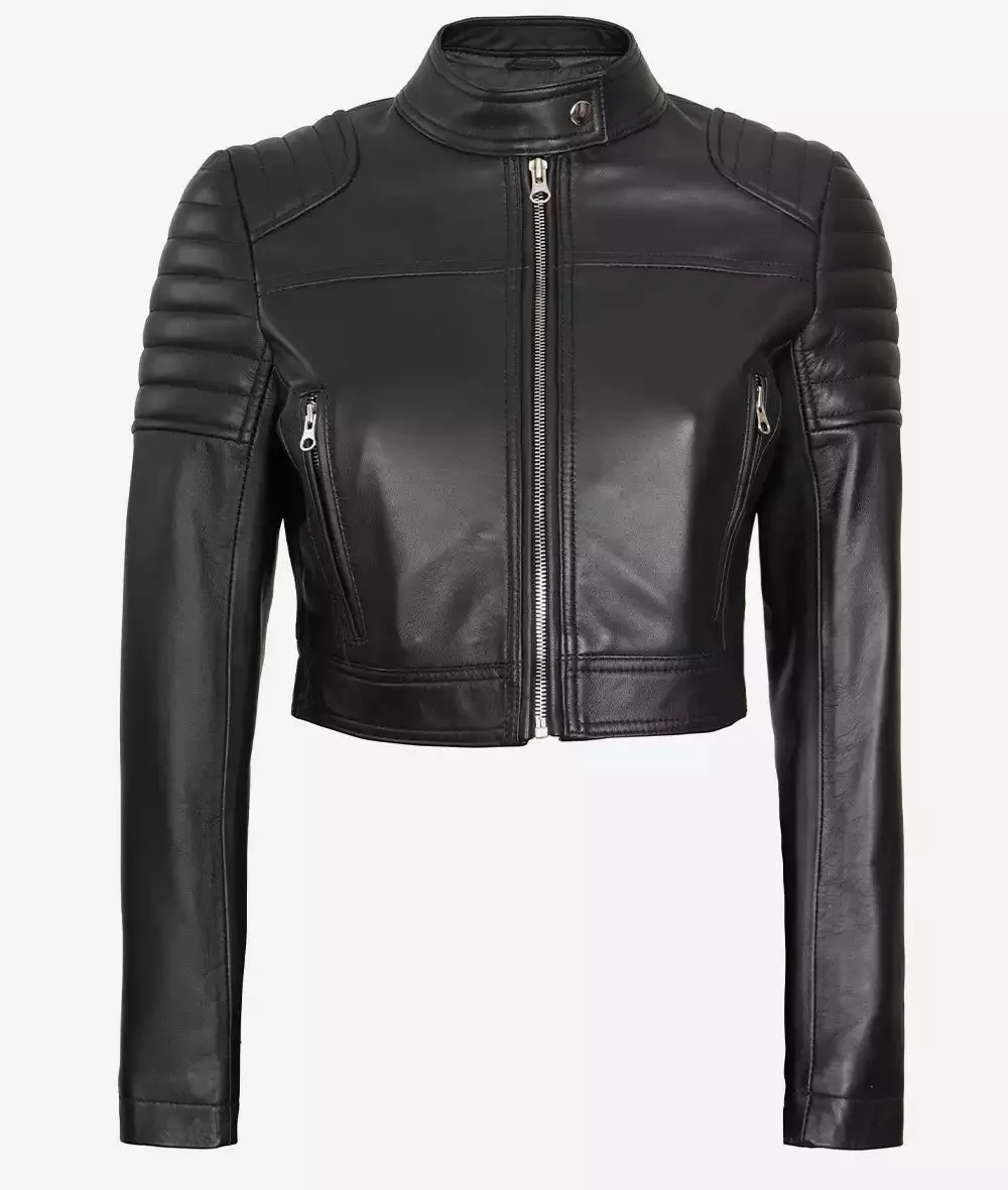 Black Cropped Leather Cafe Racer Jacket for Women