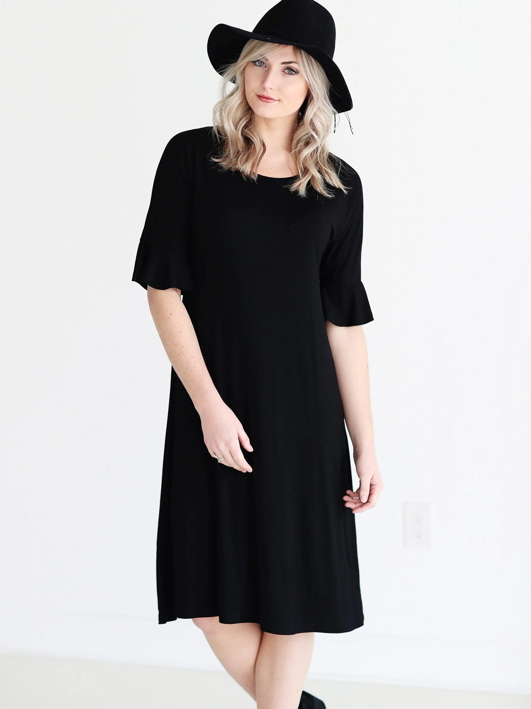 Black DLMN Cropped Bell Sleeve Midi Dress