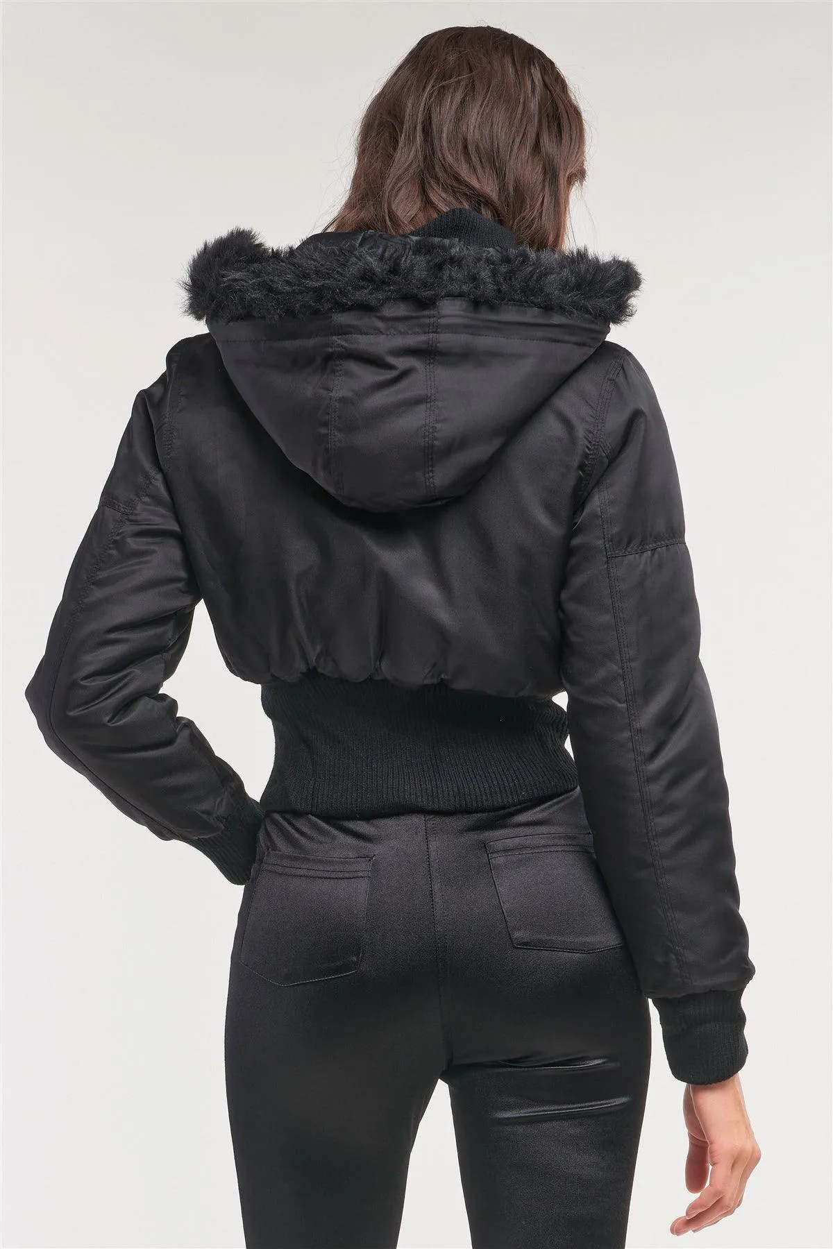 Black Zip-Up Faux Fur Hood Detail Cropped Winter Bomber Jacket /1-2-2-1