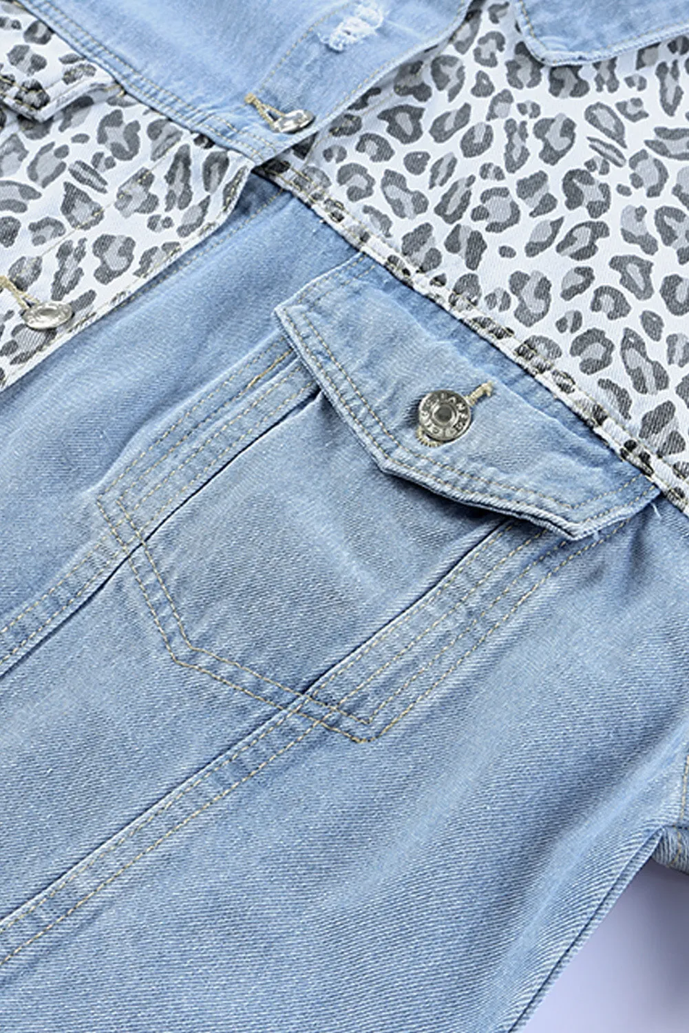 Blue Plus Size Leopard Ripped Cropped Denim Jacket