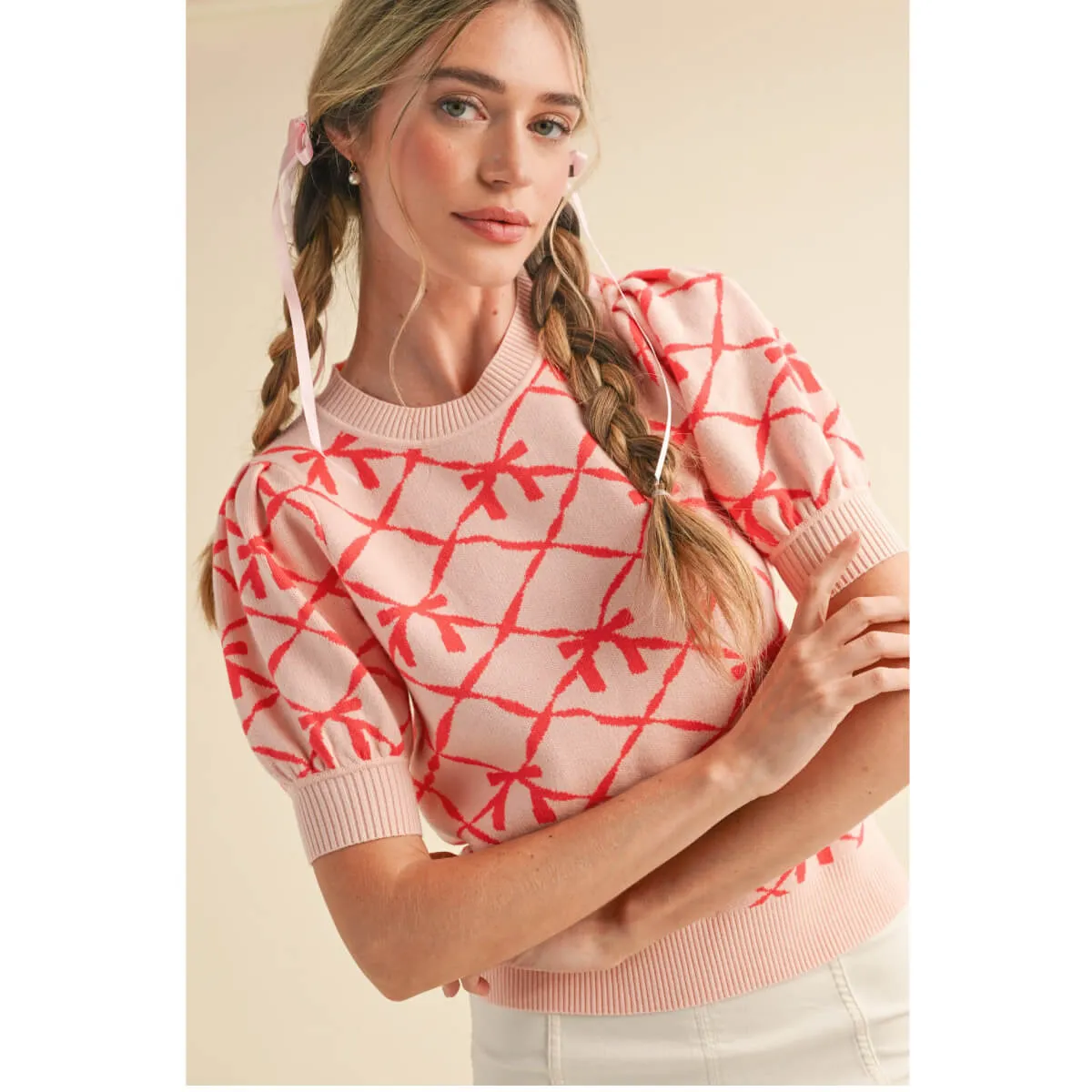 Bow Pattern Short Sleeve Sweater