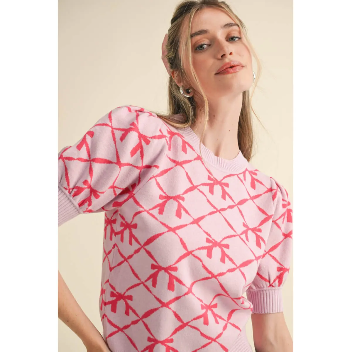 Bow Pattern Short Sleeve Sweater