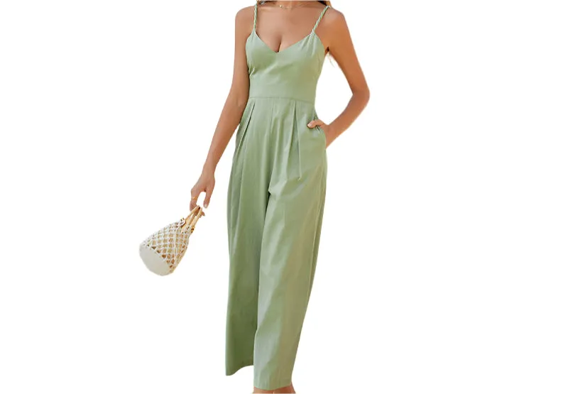 Brace Solid Color Wide Leg Slim High Waist Jumpsuit