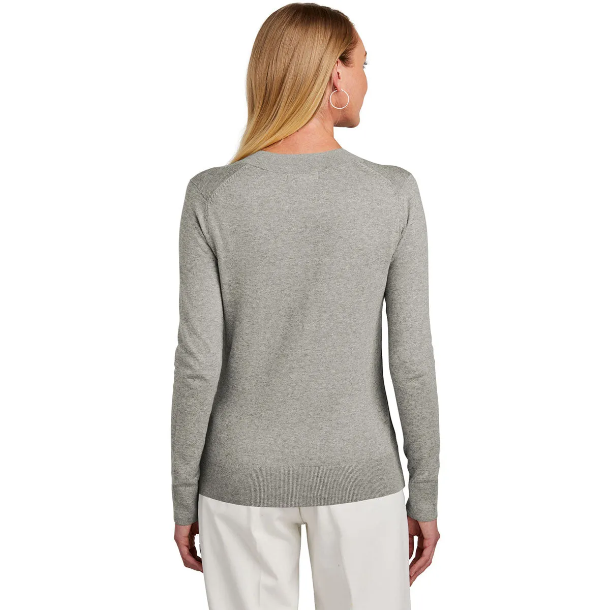 Brooks Brothers Women's Light Shadow Grey Heather Cotton Stretch V-Neck Sweater