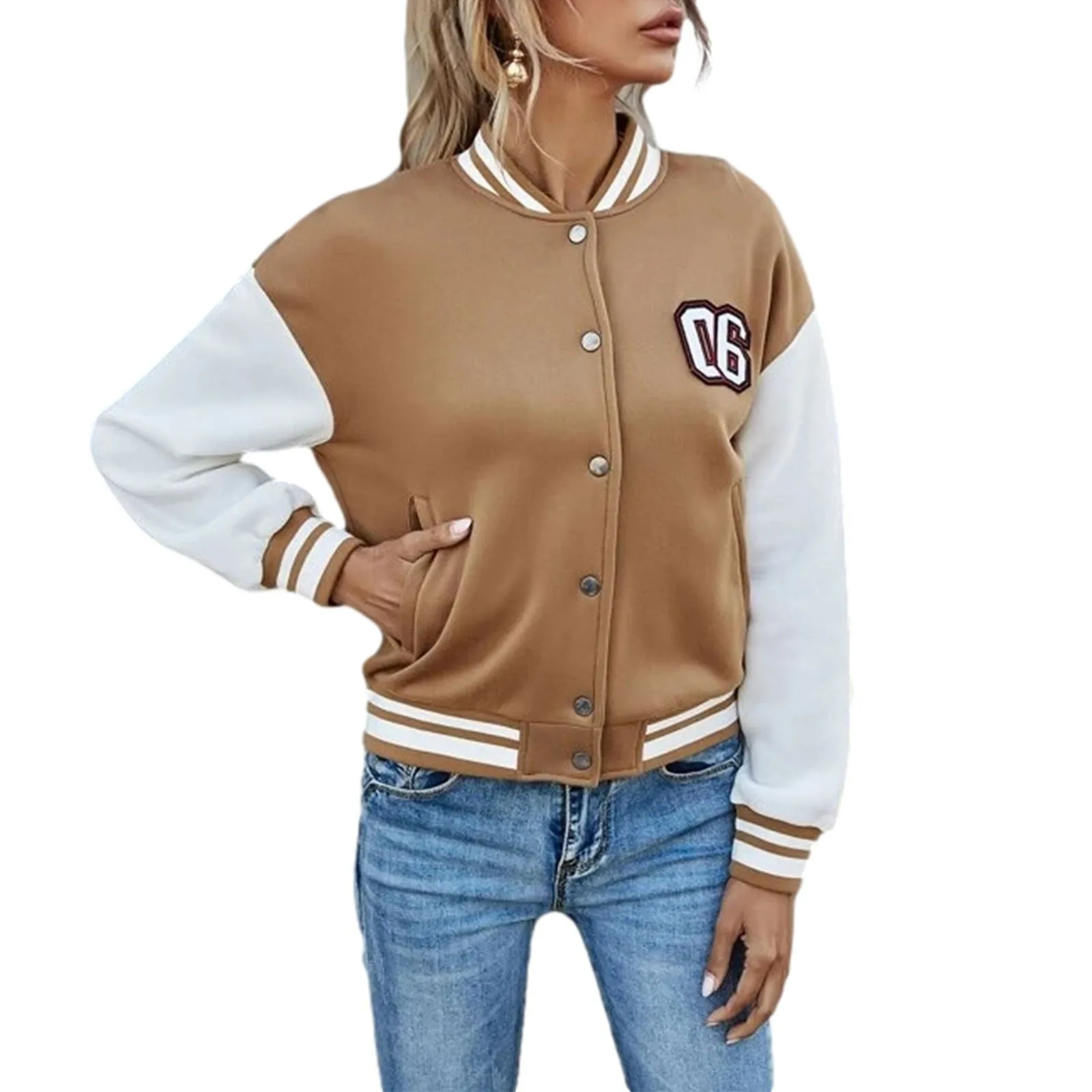 Brown Cropped Varsity Jacket Letter Baseball Uniform Jacket