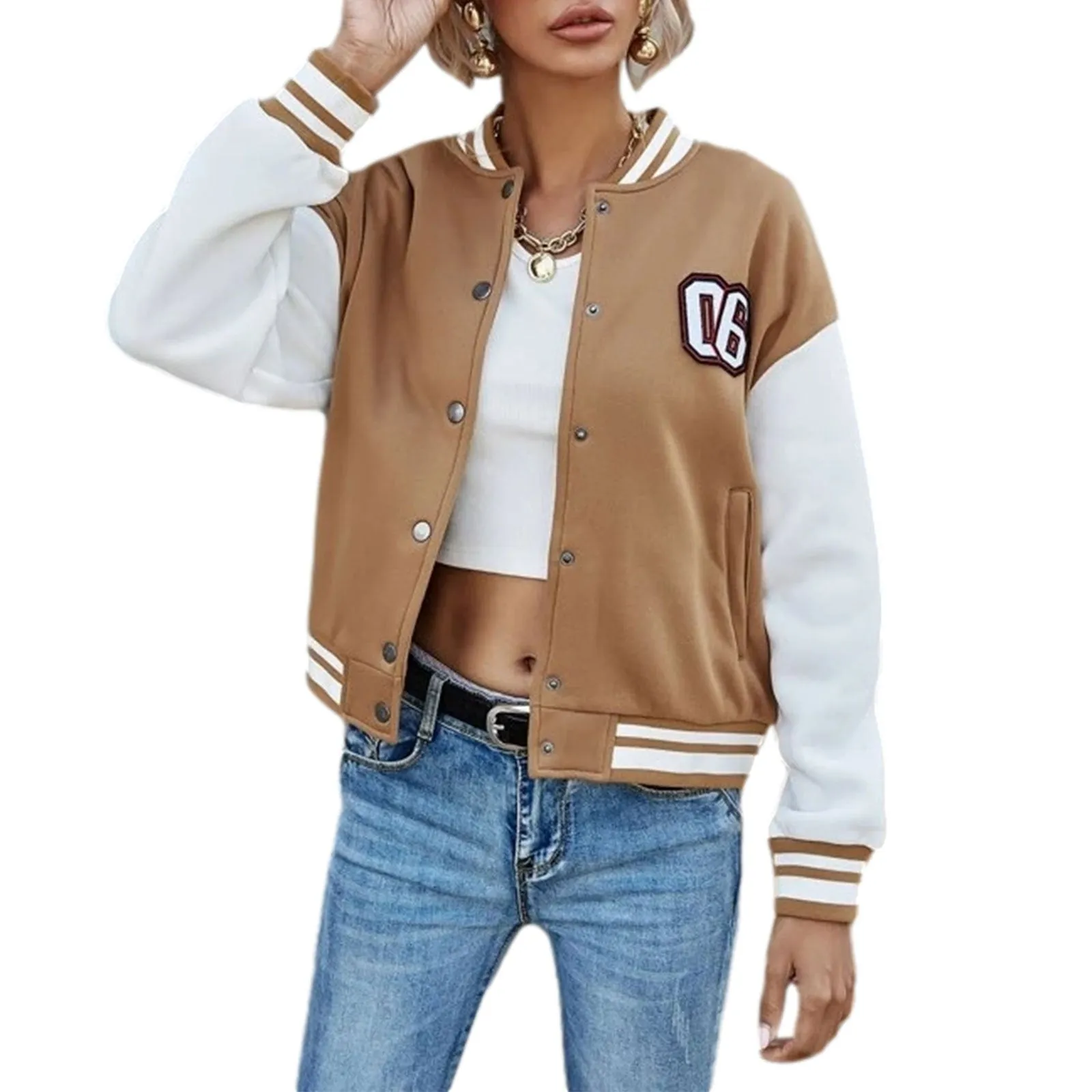 Brown Cropped Varsity Jacket Letter Baseball Uniform Jacket