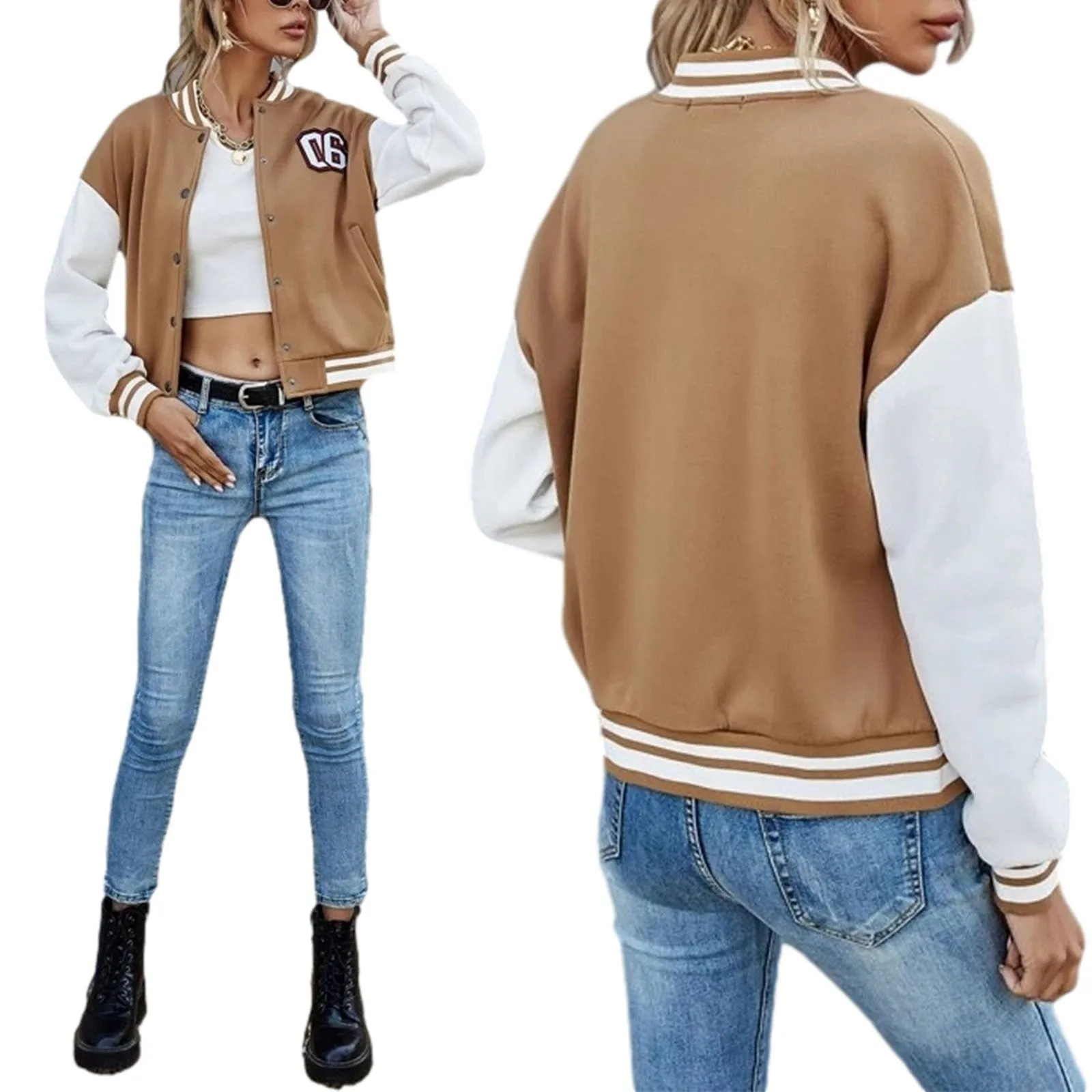 Brown Cropped Varsity Jacket Letter Baseball Uniform Jacket