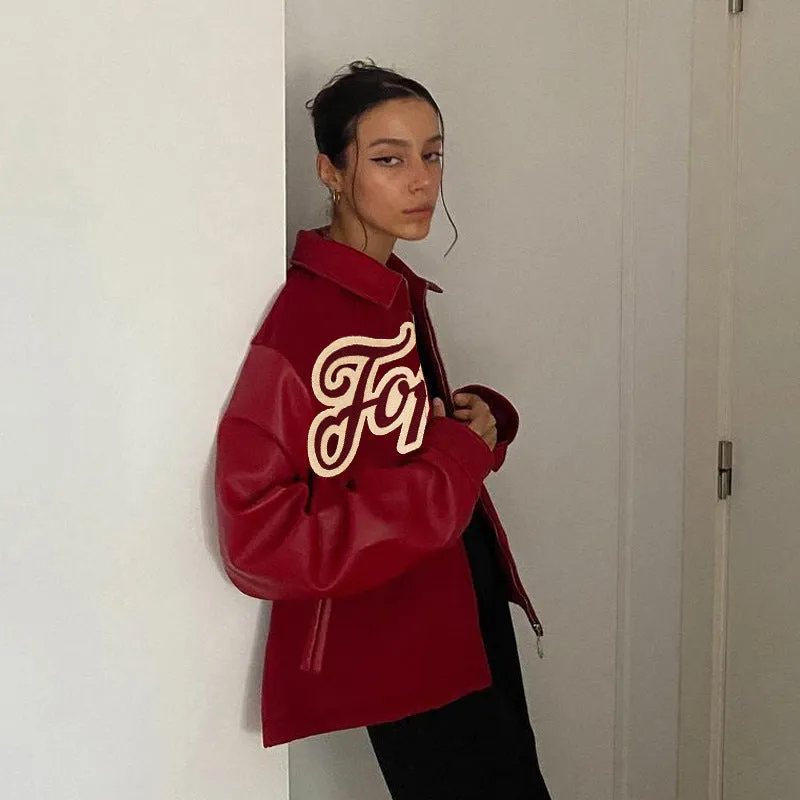 Brown Cropped Varsity Jacket Letter Print Casual Stand-up Collar Jacket Coat