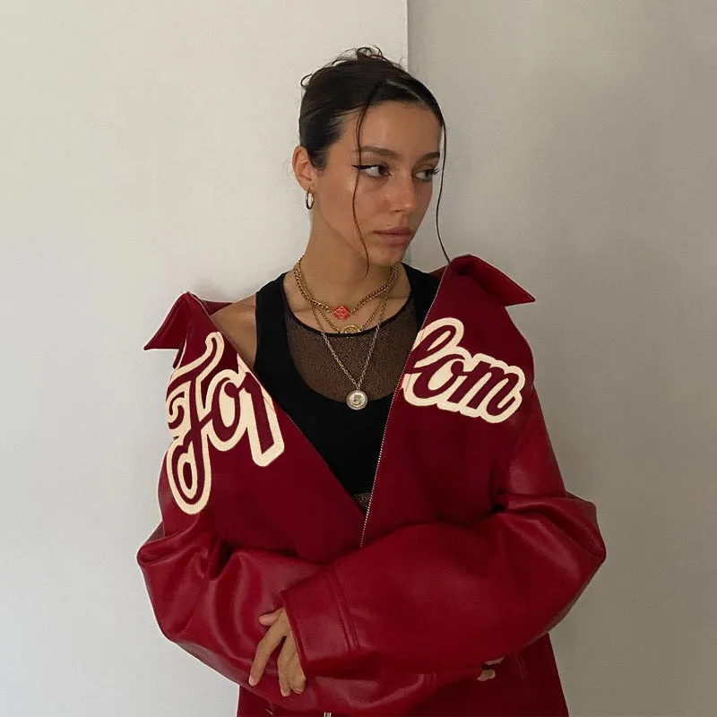 Brown Cropped Varsity Jacket Letter Print Casual Stand-up Collar Jacket Coat