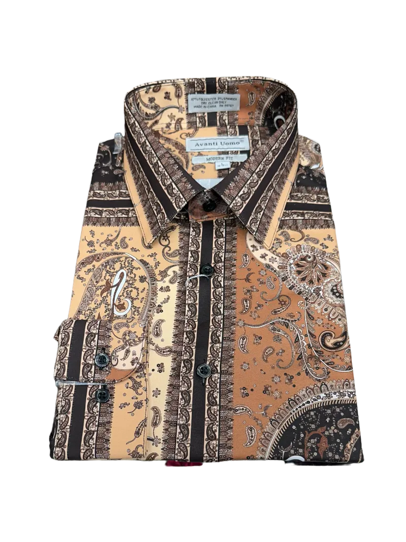 Brown Paisley Men's Dress casual Shirts Long Sleeves By Avanti Uomo