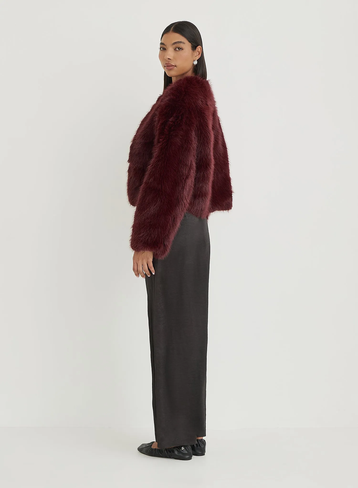 Burgundy Faux Fur Cropped Jacket- Reysha