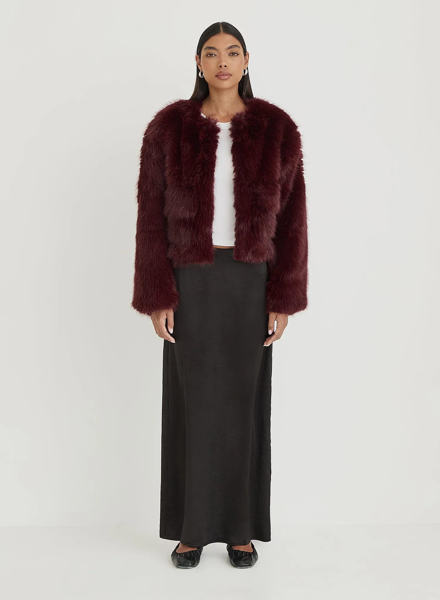 Burgundy Faux Fur Cropped Jacket- Reysha