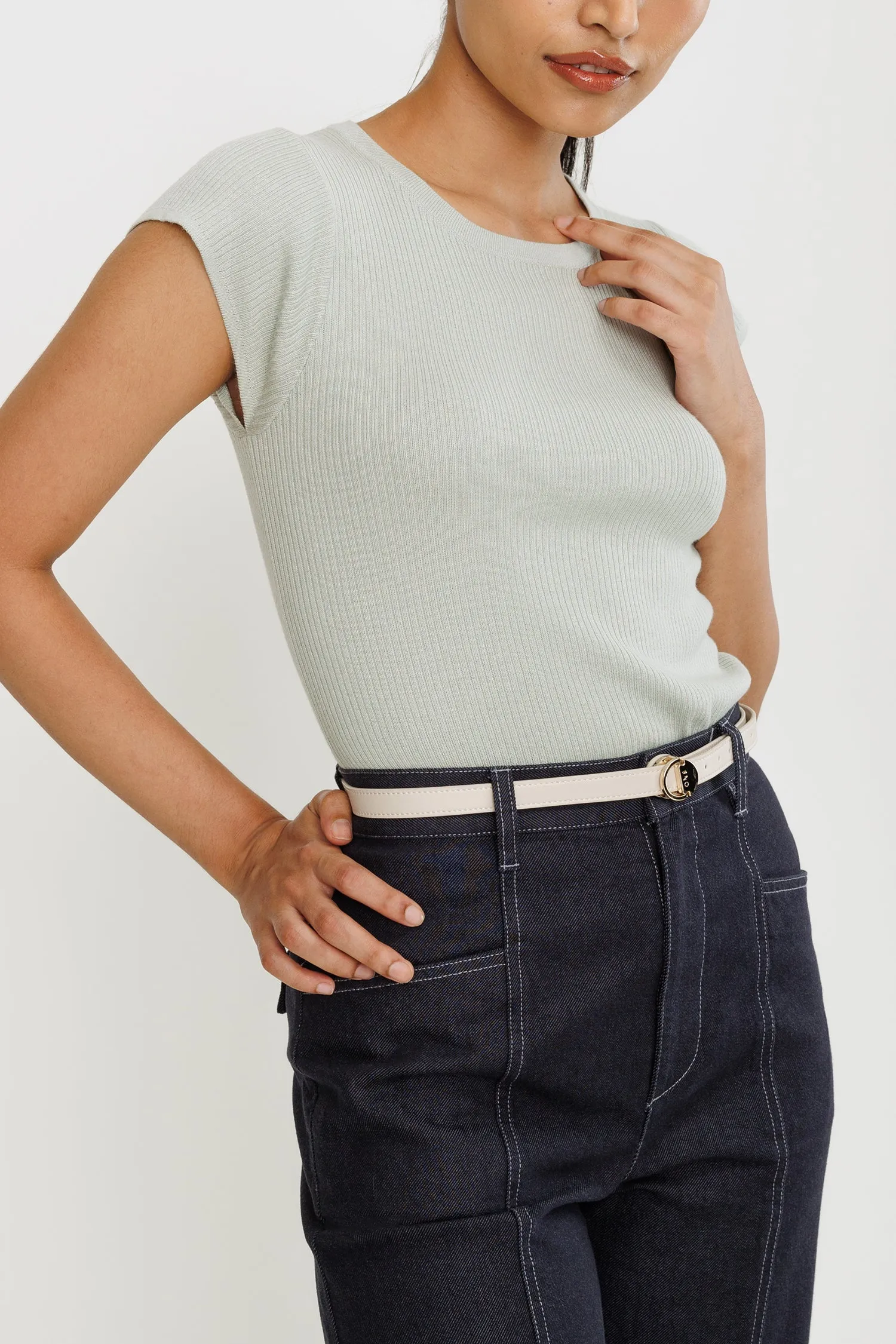 Cap-sleeve Ribbed Knit Tee - Light Jade