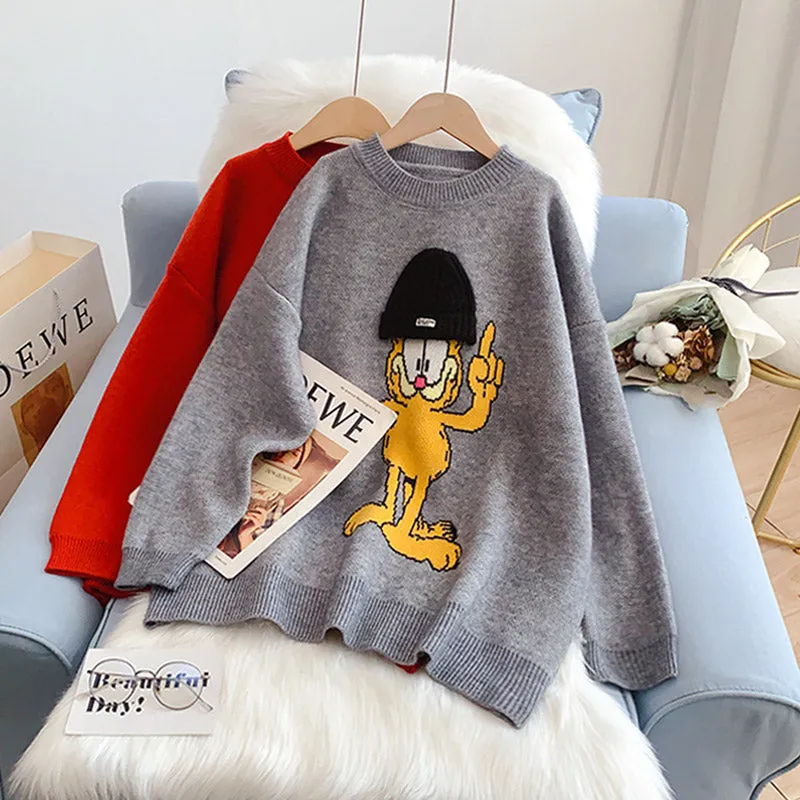 Cartoon pattern Crew Neck Sweater lazy style  5007