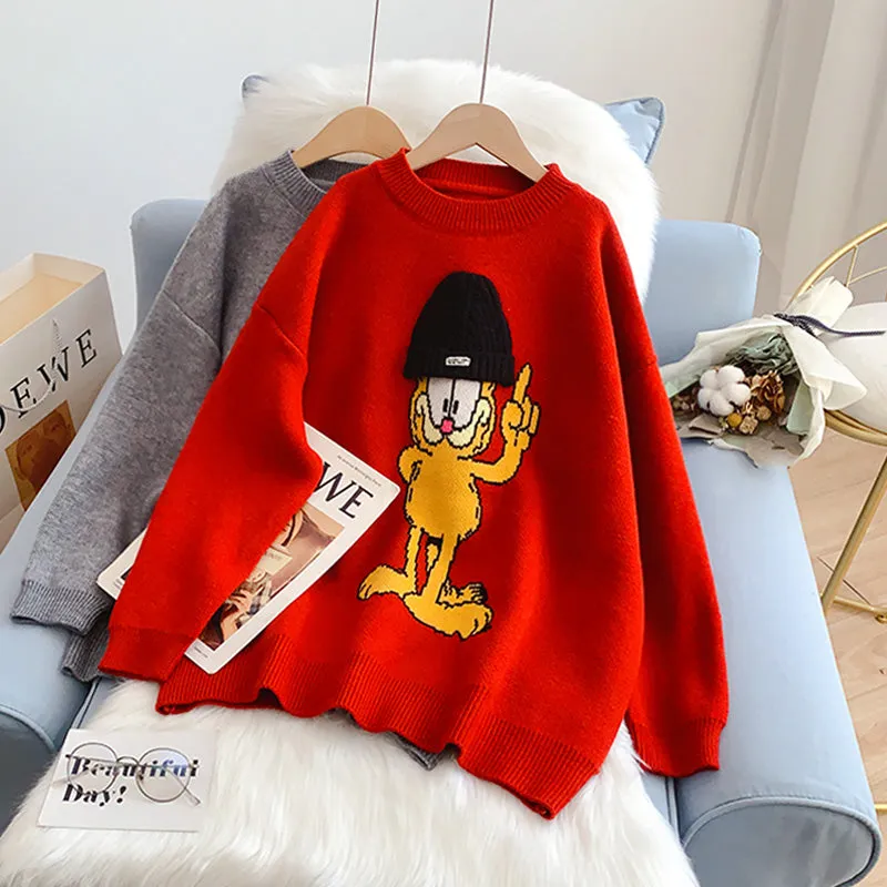 Cartoon pattern Crew Neck Sweater lazy style  5007