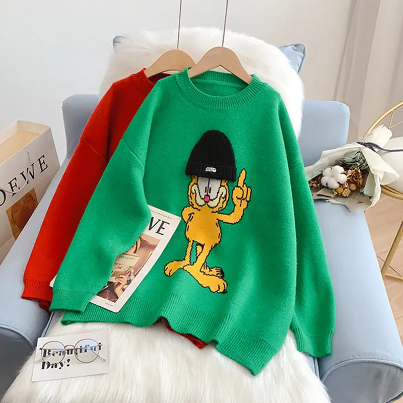 Cartoon pattern Crew Neck Sweater lazy style  5007