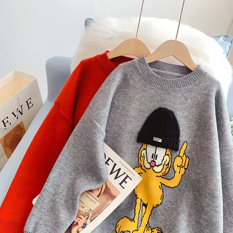 Cartoon pattern Crew Neck Sweater lazy style  5007