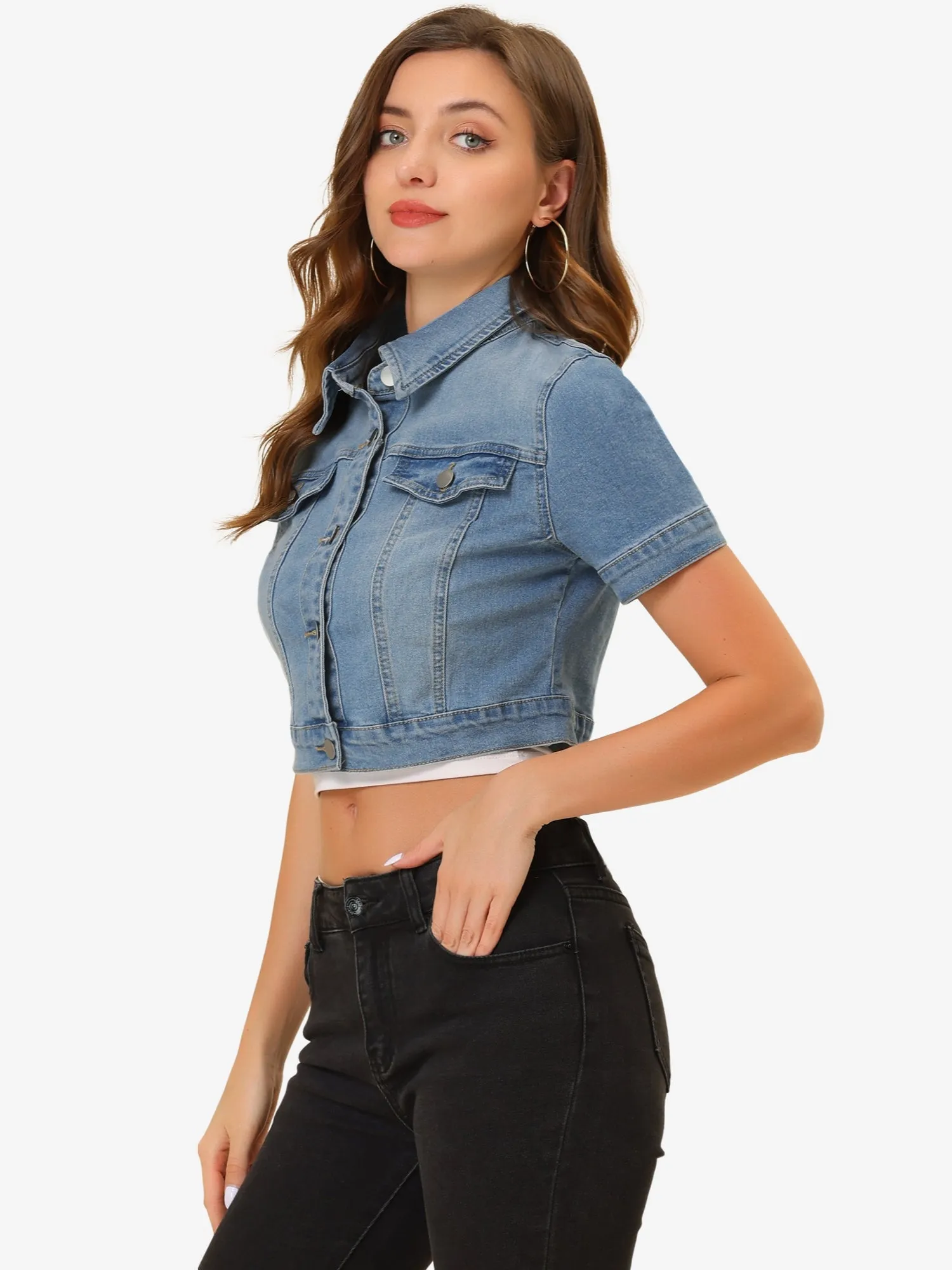 Casual Lapel Short Sleeve Crop Top Jean Denim Jacket