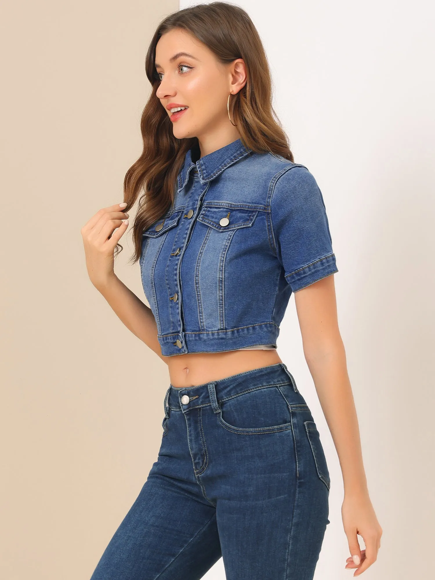 Casual Lapel Short Sleeve Crop Top Jean Denim Jacket