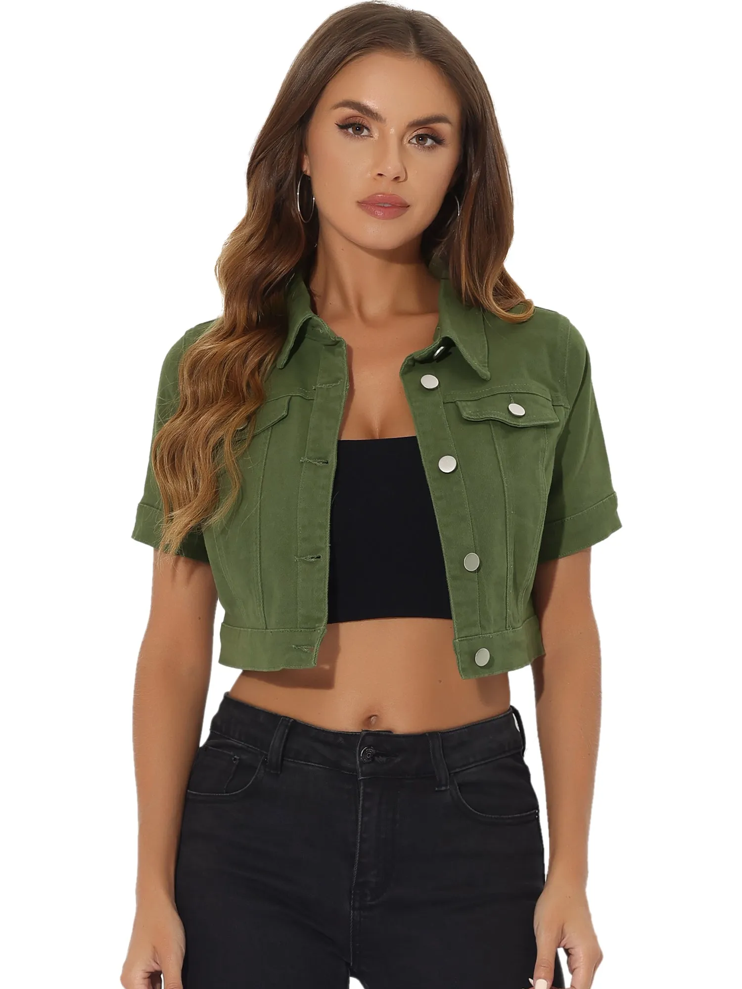 Casual Lapel Short Sleeve Crop Top Jean Denim Jacket