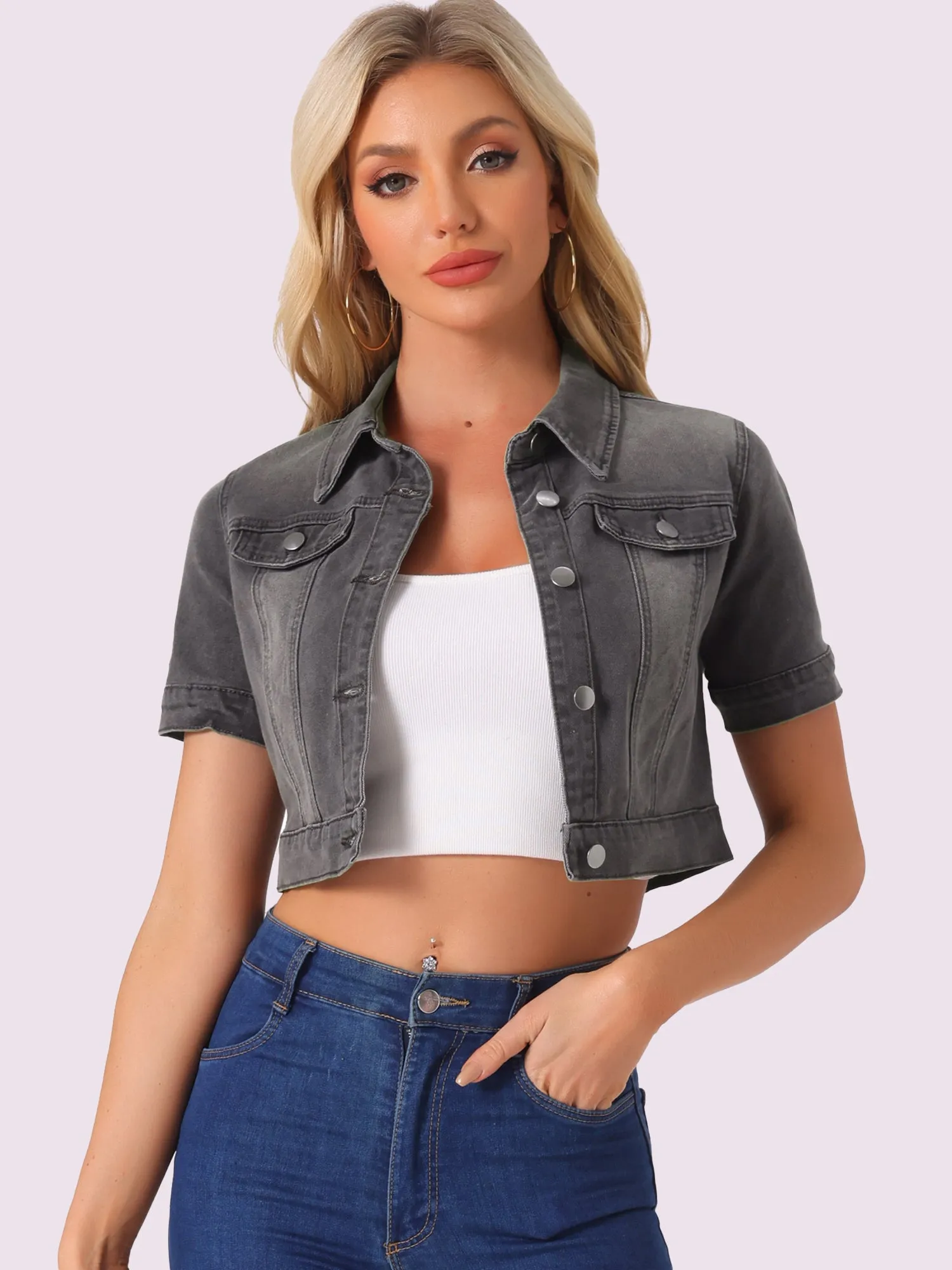 Casual Lapel Short Sleeve Crop Top Jean Denim Jacket