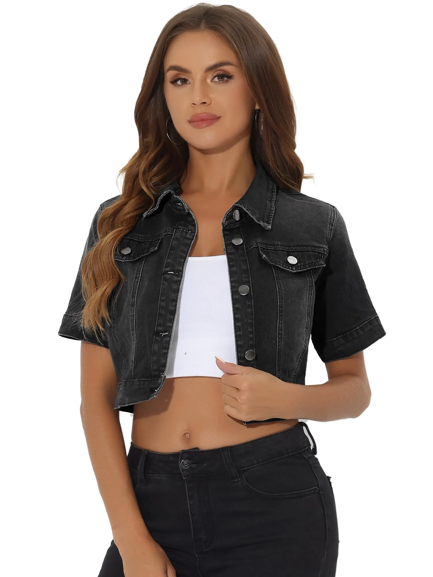 Casual Lapel Short Sleeve Crop Top Jean Denim Jacket