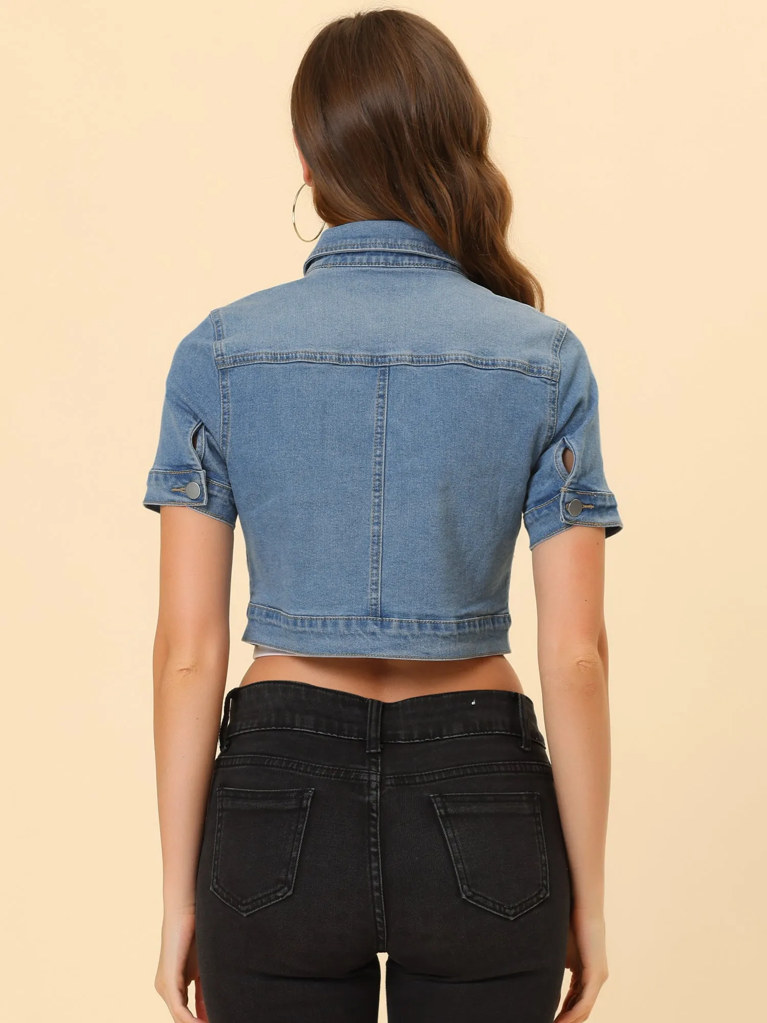 Casual Lapel Short Sleeve Crop Top Jean Denim Jacket