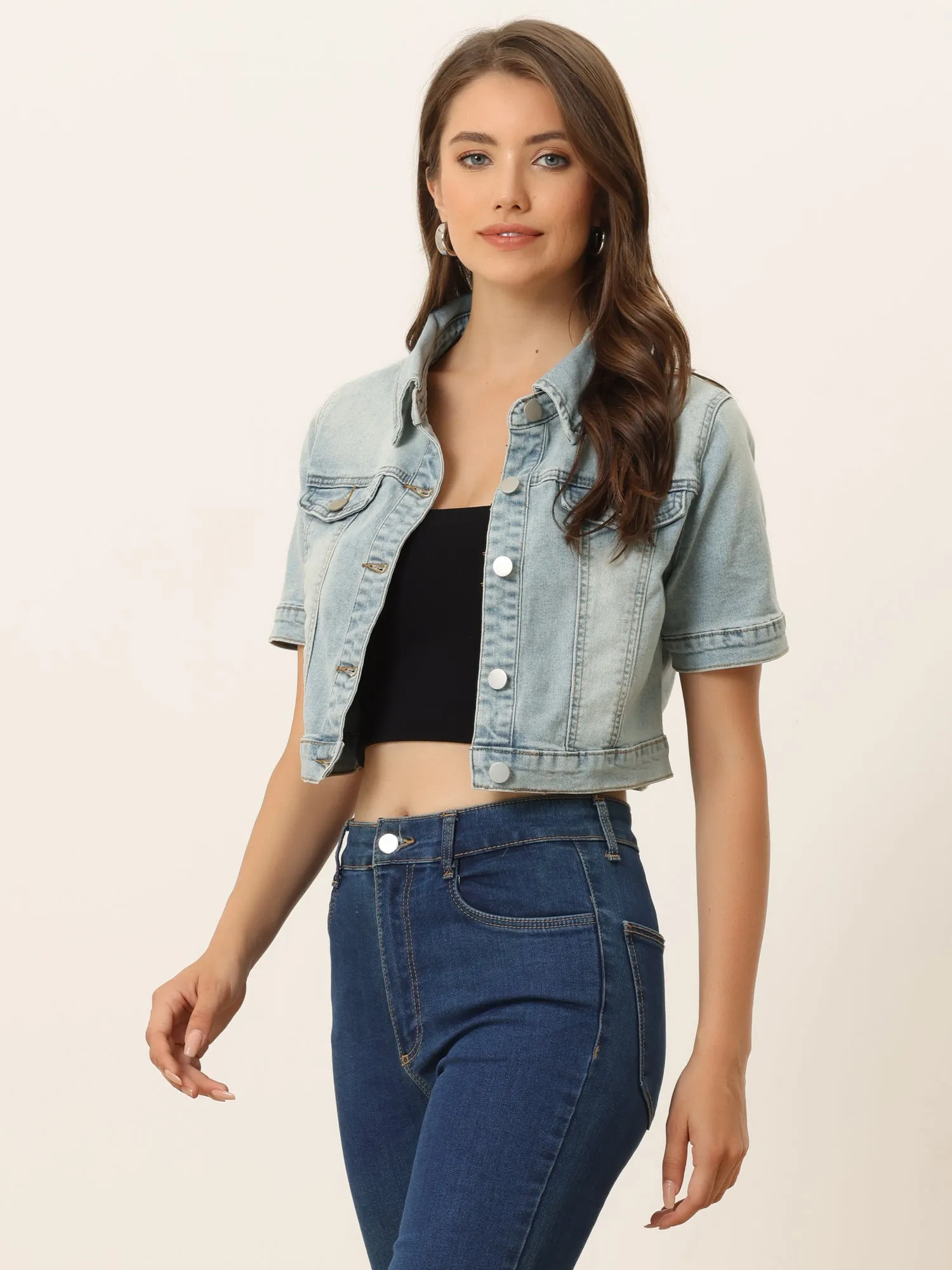 Casual Lapel Short Sleeve Crop Top Jean Denim Jacket