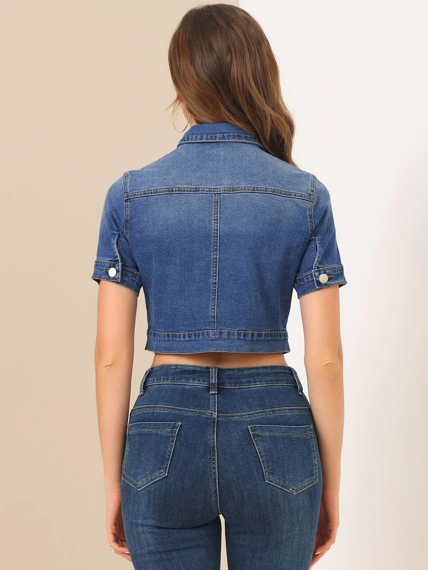 Casual Lapel Short Sleeve Crop Top Jean Denim Jacket