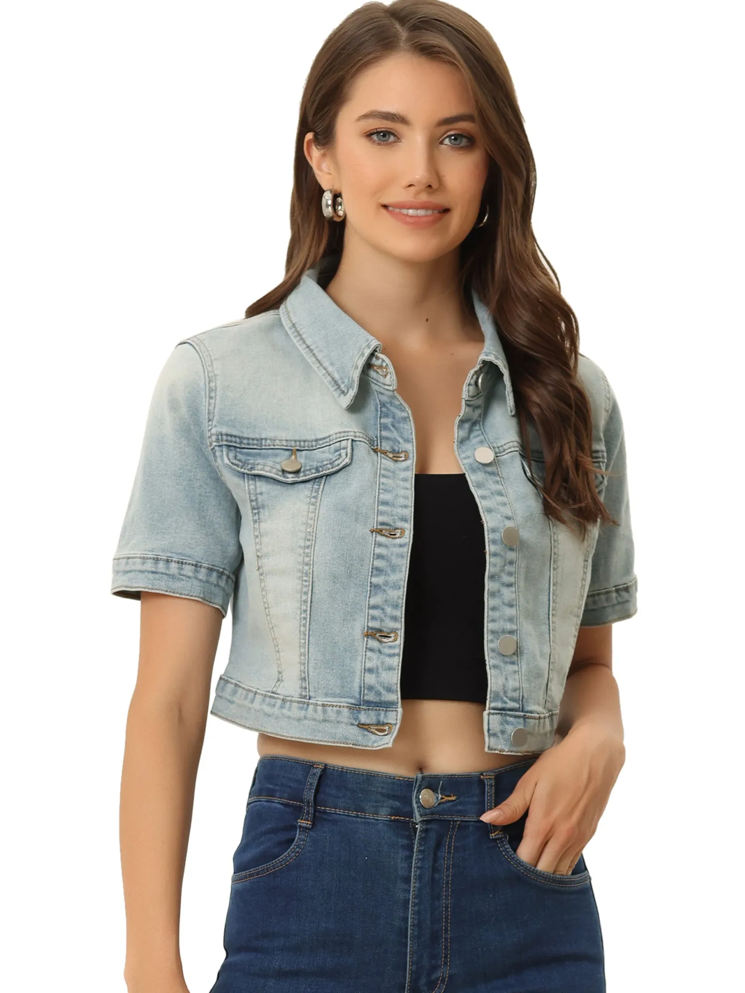 Casual Lapel Short Sleeve Crop Top Jean Denim Jacket