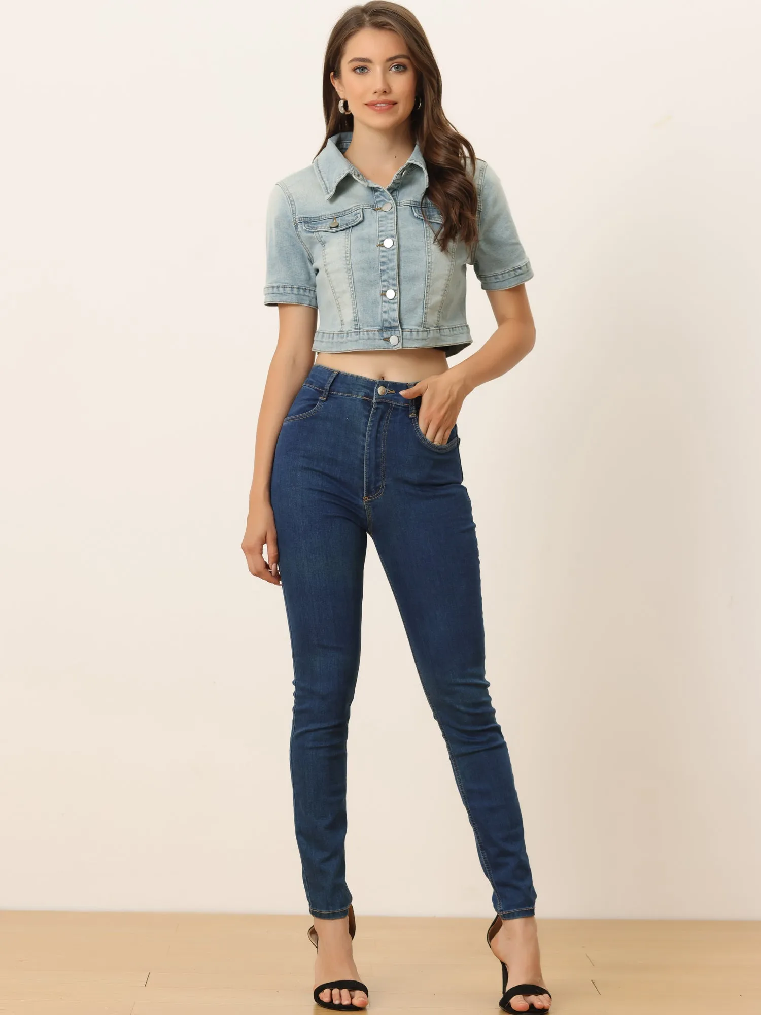 Casual Lapel Short Sleeve Crop Top Jean Denim Jacket