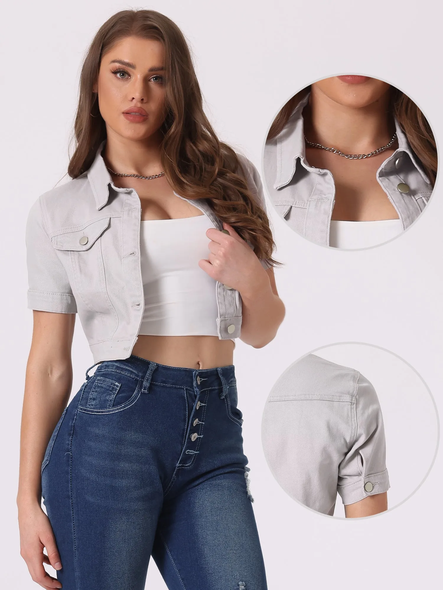 Casual Lapel Short Sleeve Crop Top Jean Denim Jacket