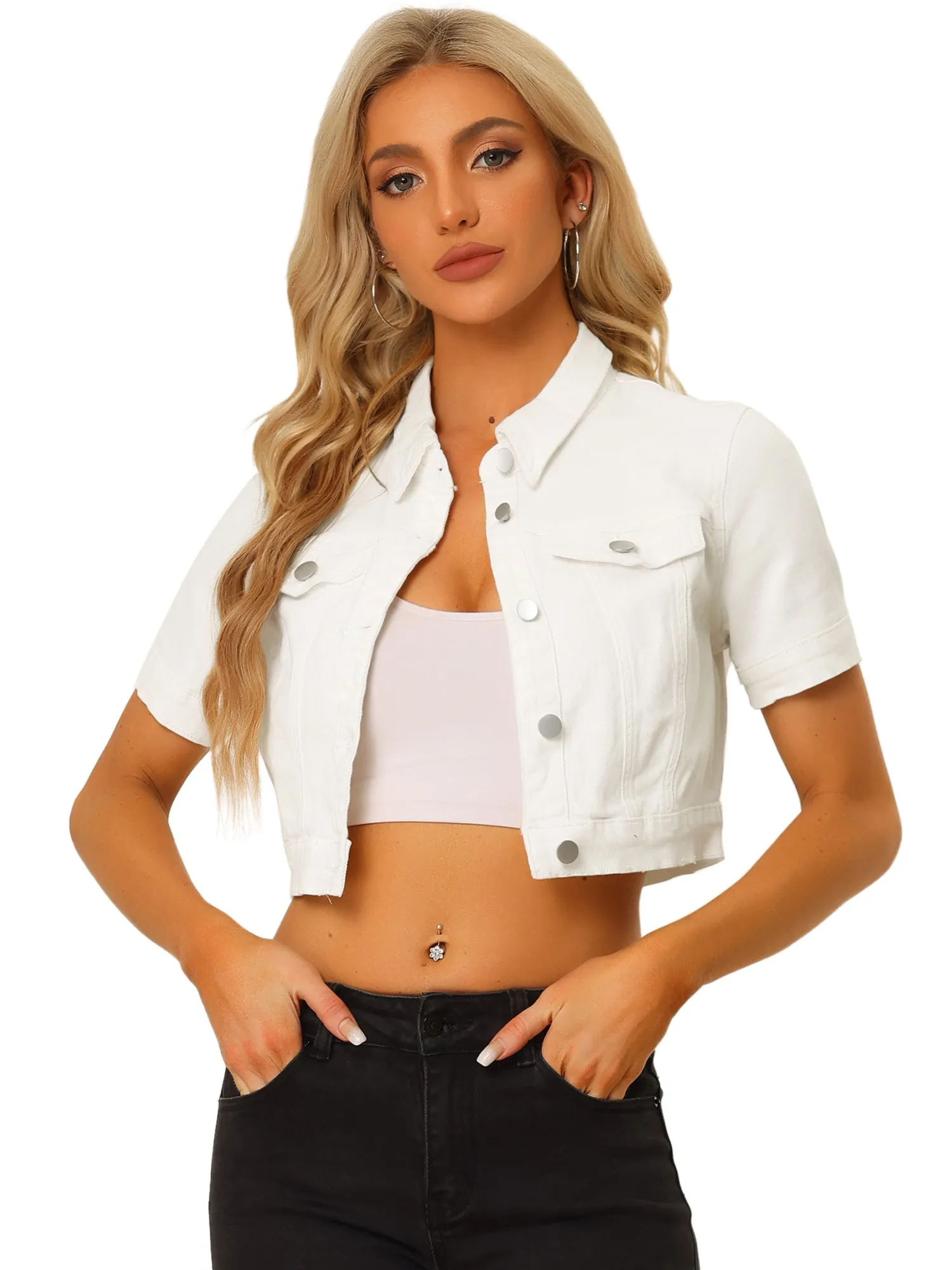 Casual Lapel Short Sleeve Crop Top Jean Denim Jacket