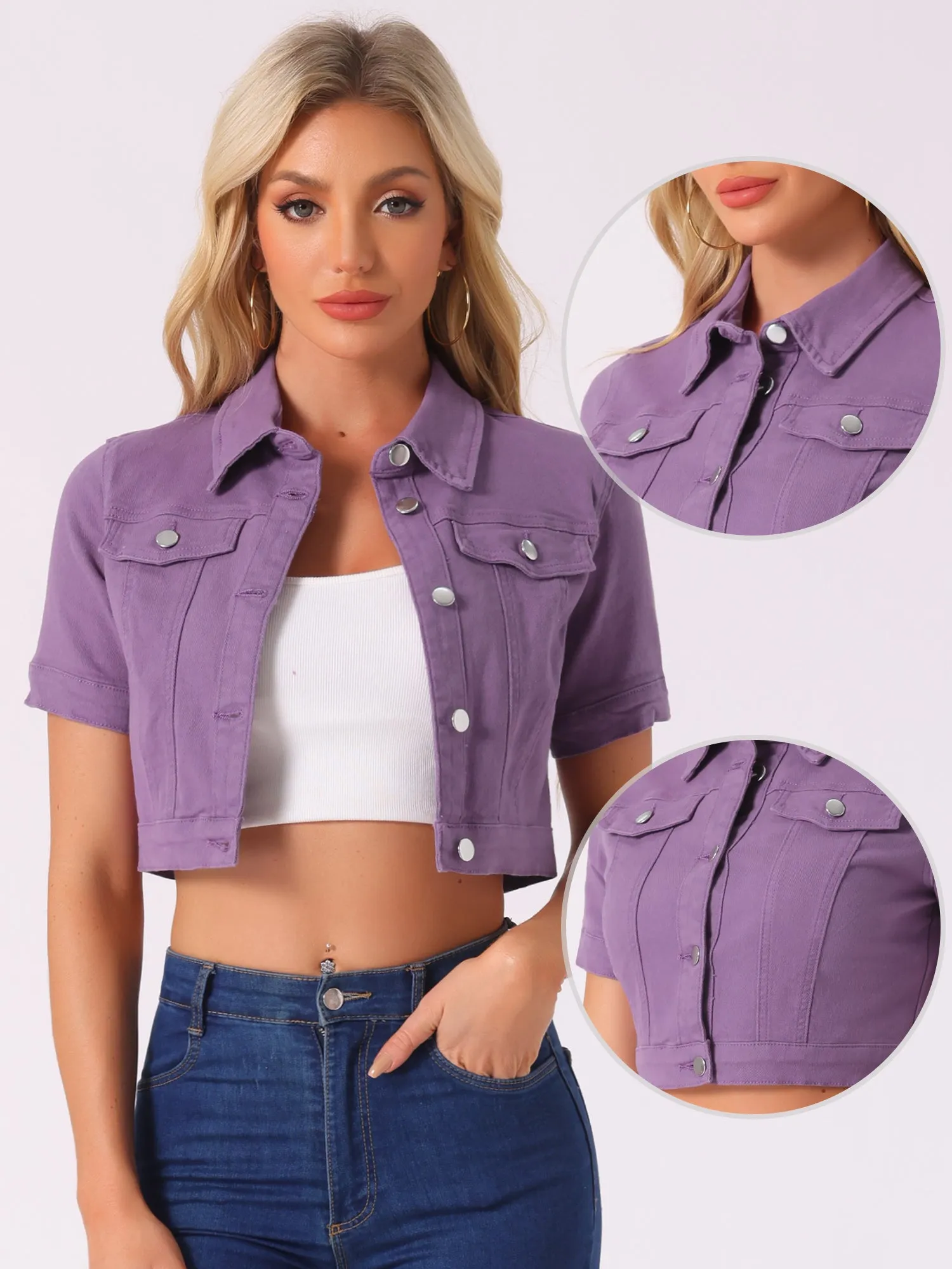 Casual Lapel Short Sleeve Crop Top Jean Denim Jacket