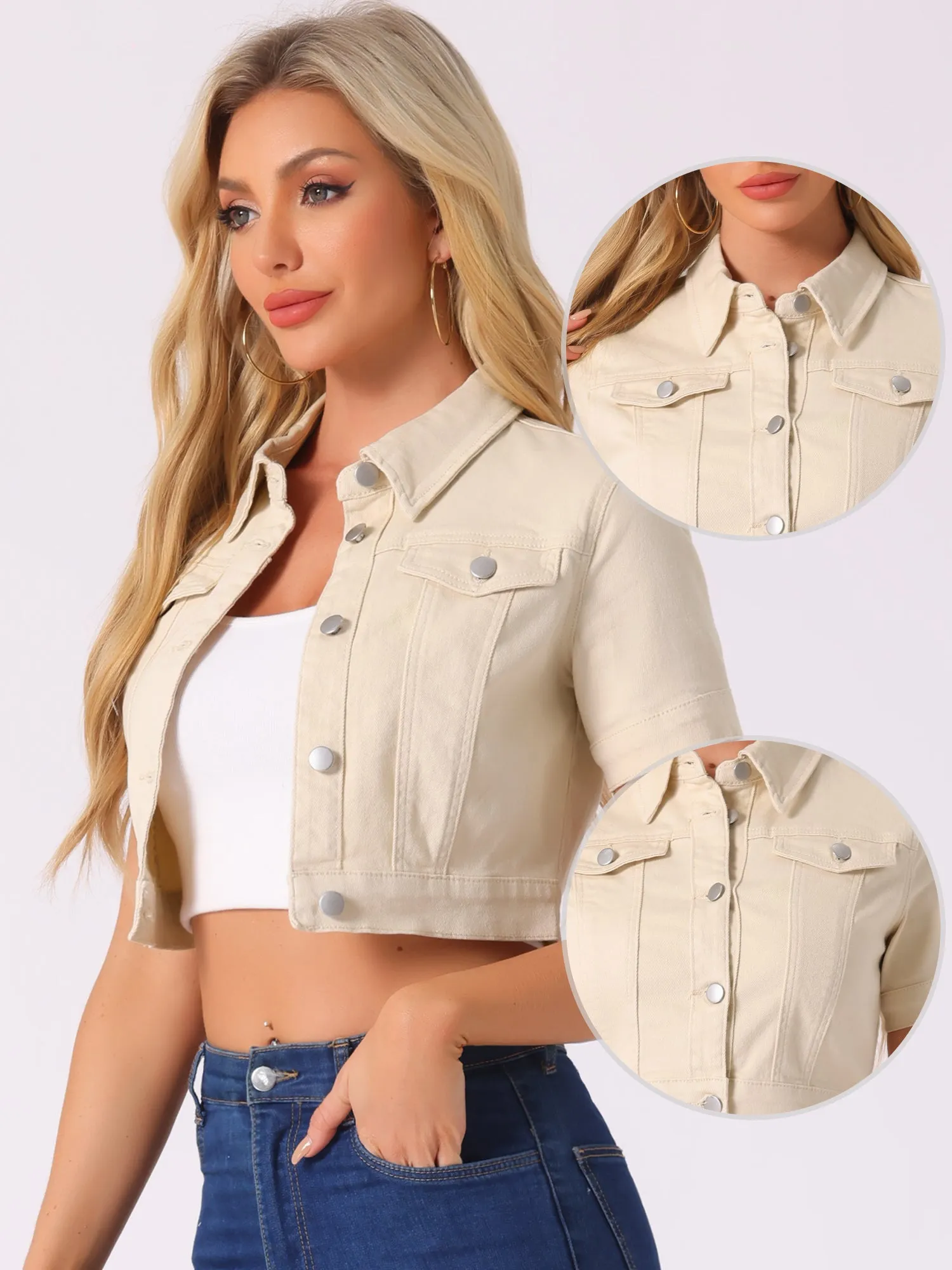 Casual Lapel Short Sleeve Crop Top Jean Denim Jacket